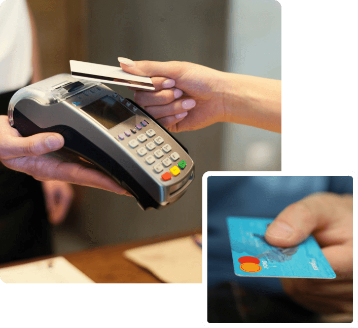 A person holding their credit card over the top of a payment terminal.